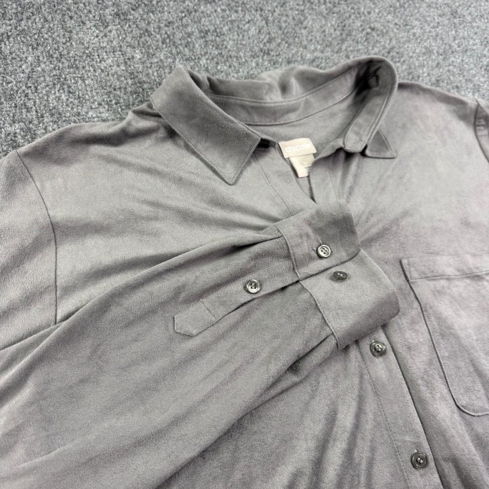 Chico's Button Down Shirt 4 Gray Faux Suede Long Sleeve Pocket Blouse Womens